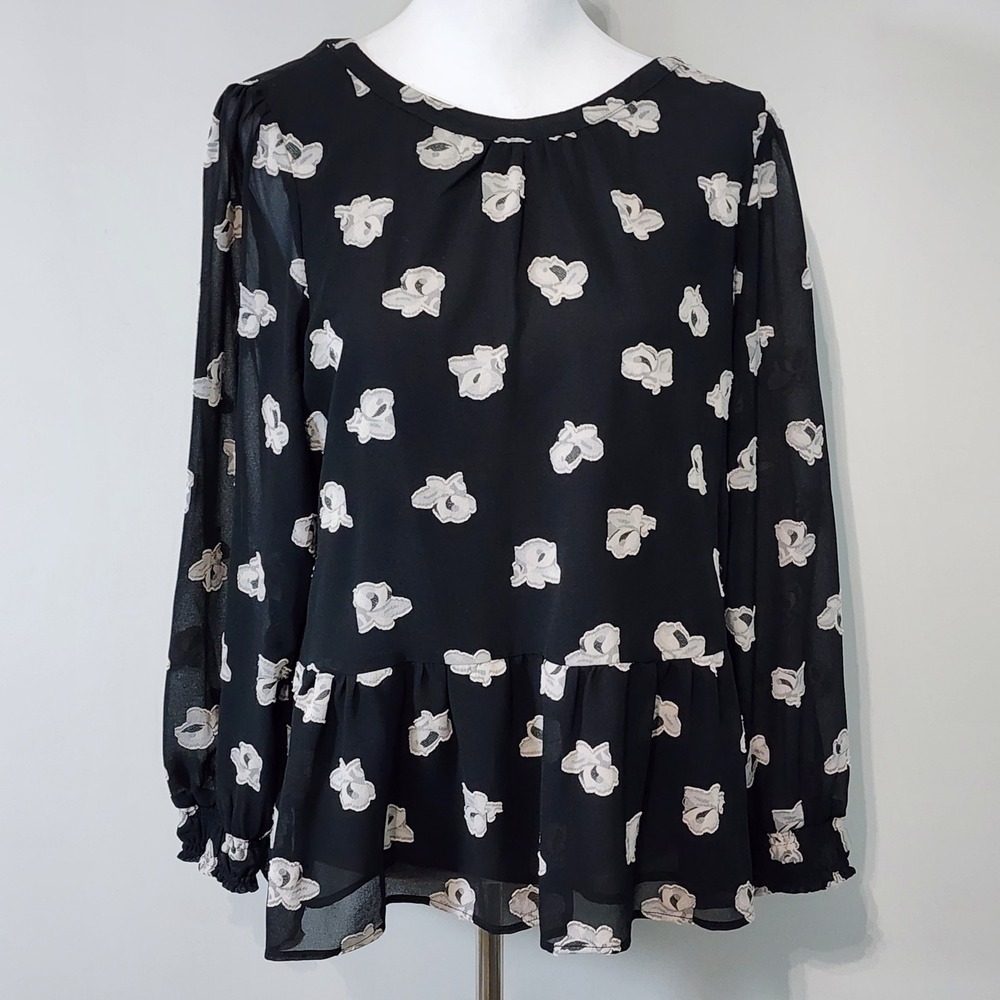 Loft Floral Peplum Blouse Womens Medium Petite MP Black Sheer Layer Long Sleeve